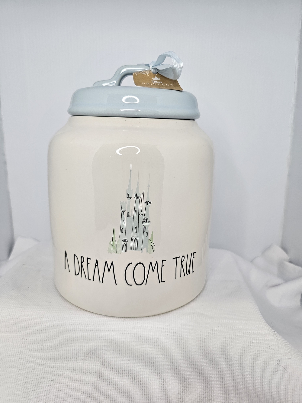 Rae Dunn Cinderella Ceramic Cookie Jar - "A Dream Come True" with Light Blue Lid